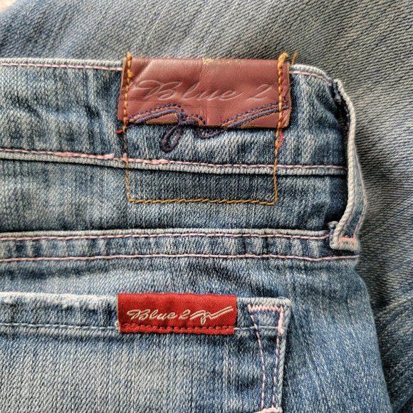 Blue 2 Medium Wash Pink Stitching Distressed Flare Denim Jeans - Picture 11 of 14